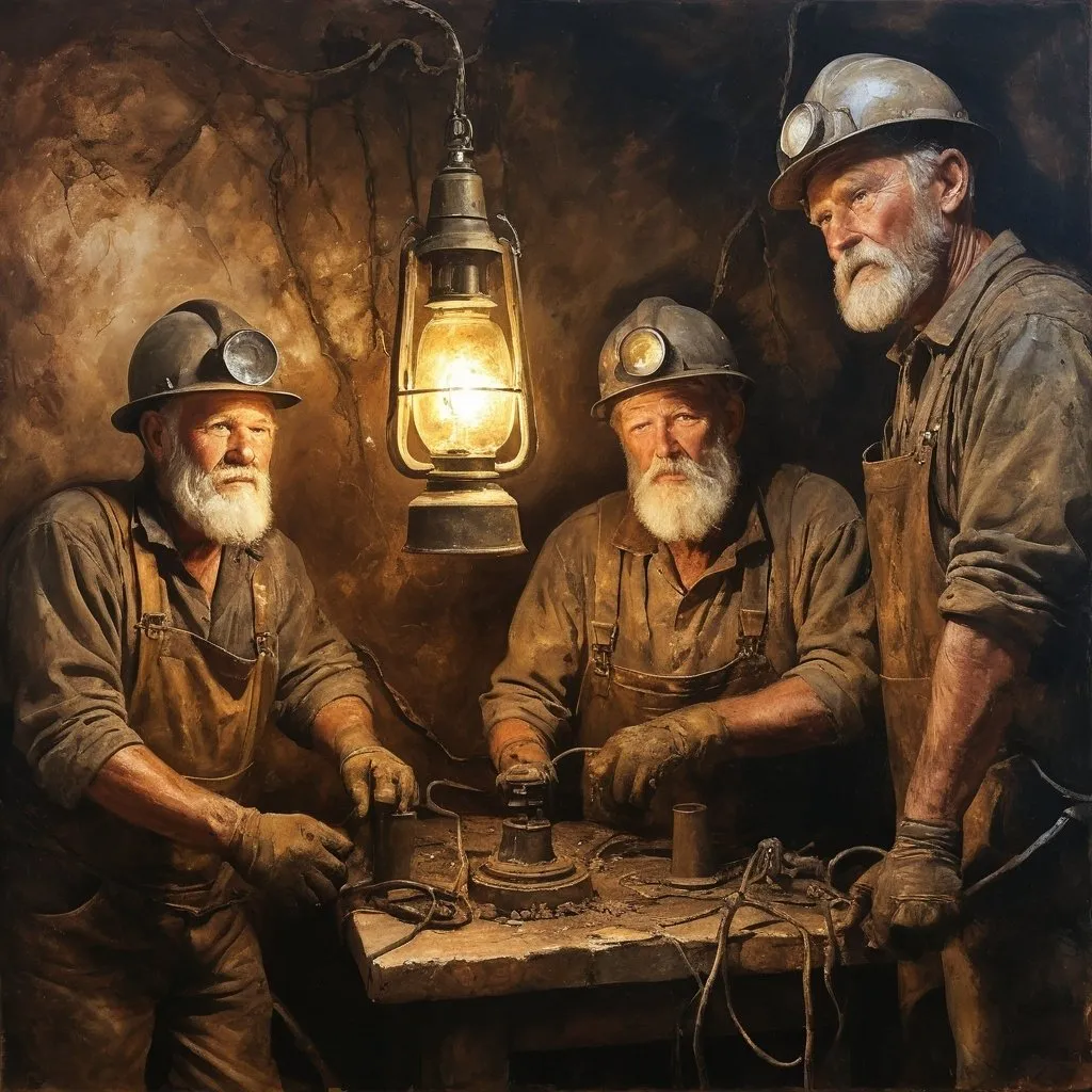 Prompt: Encaustic painting of old world style miners, earthy tones, darkness, lamp light glow, detailed mining equipment, rugged miners, atmospheric lighting, high quality, encaustic painting, earthy tones, detailed, old world, mining, darkness, lamp light glow, atmospheric lighting