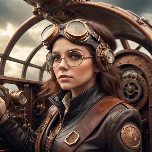 Prompt: (female pilot in a steampunk aircraft),imperial fantasy, intricate steampunk machinery, aviator goggles, vintage leather jacket, brass and copper elements,  dramatic lighting, cloudy sky backdrop, dynamic action pose, cinematic depth, empowering atmosphere, ultra-detailed, 4K, highly textured elements, immersive environment, gears and cogs, mystical and adventurous, photorealistic rendering, oil painting style, highly detailed facial expression.