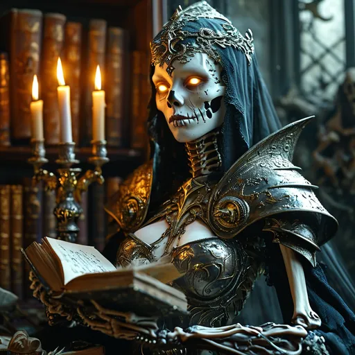 Prompt: (god-like lich queen), flawless decaying ivory face, magnifcent plate armor, (mesmerizing burning eyes), a sense of death and inevitable fate, surrounded by ancient books symbolizing profound knowledge, magical illumination, active spellbook illuminated, dark and eerie backdrop, candlelit ambience creating ominous shadows, (highly detailed, ultra-realistic), cinematic lighting highlighting skeletal features, atmosphere steeped in mystique and power.