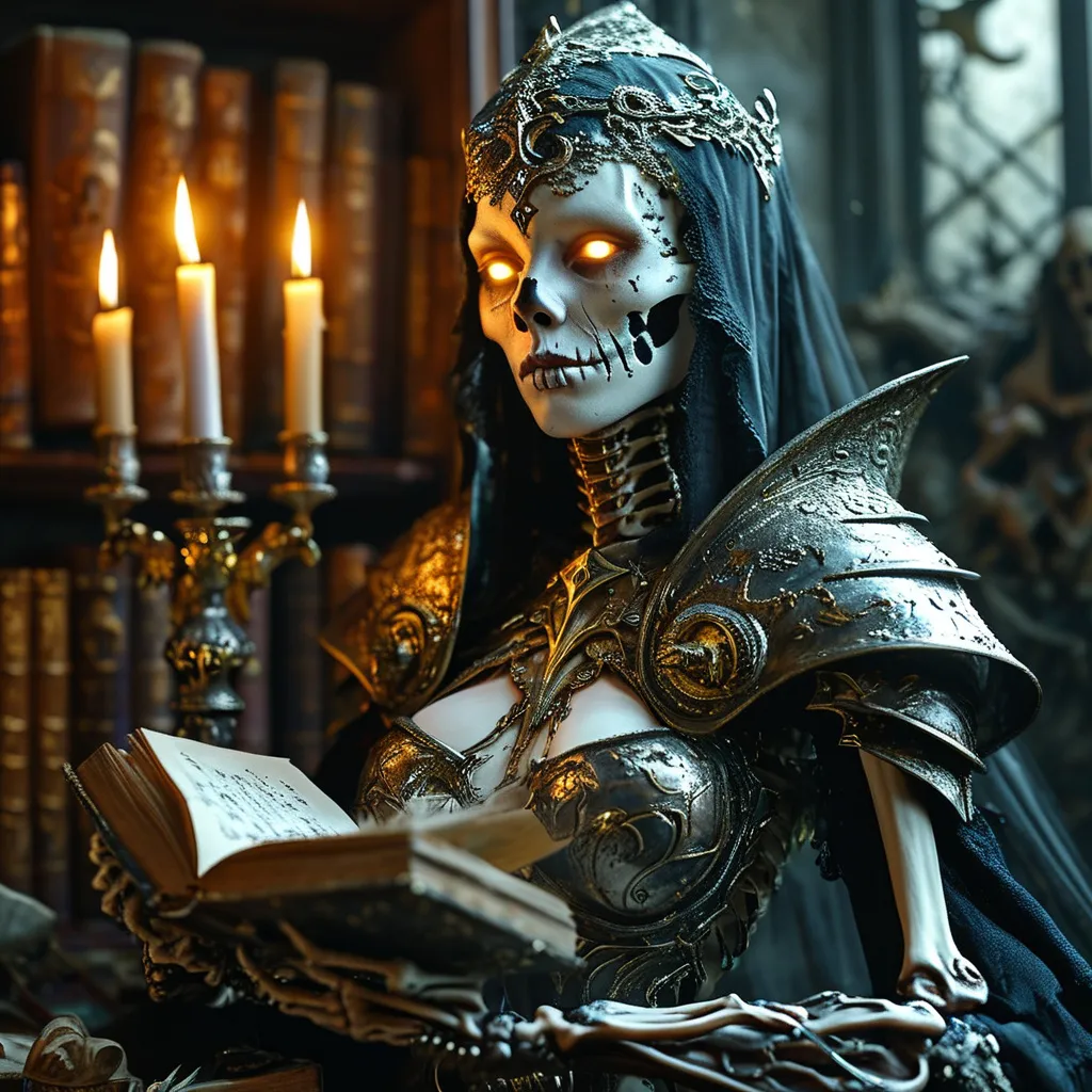 Prompt: (god-like lich queen), flawless decaying ivory face, magnifcent plate armor, (mesmerizing burning eyes), a sense of death and inevitable fate, surrounded by ancient books symbolizing profound knowledge, magical illumination, active spellbook illuminated, dark and eerie backdrop, candlelit ambience creating ominous shadows, (highly detailed, ultra-realistic), cinematic lighting highlighting skeletal features, atmosphere steeped in mystique and power.