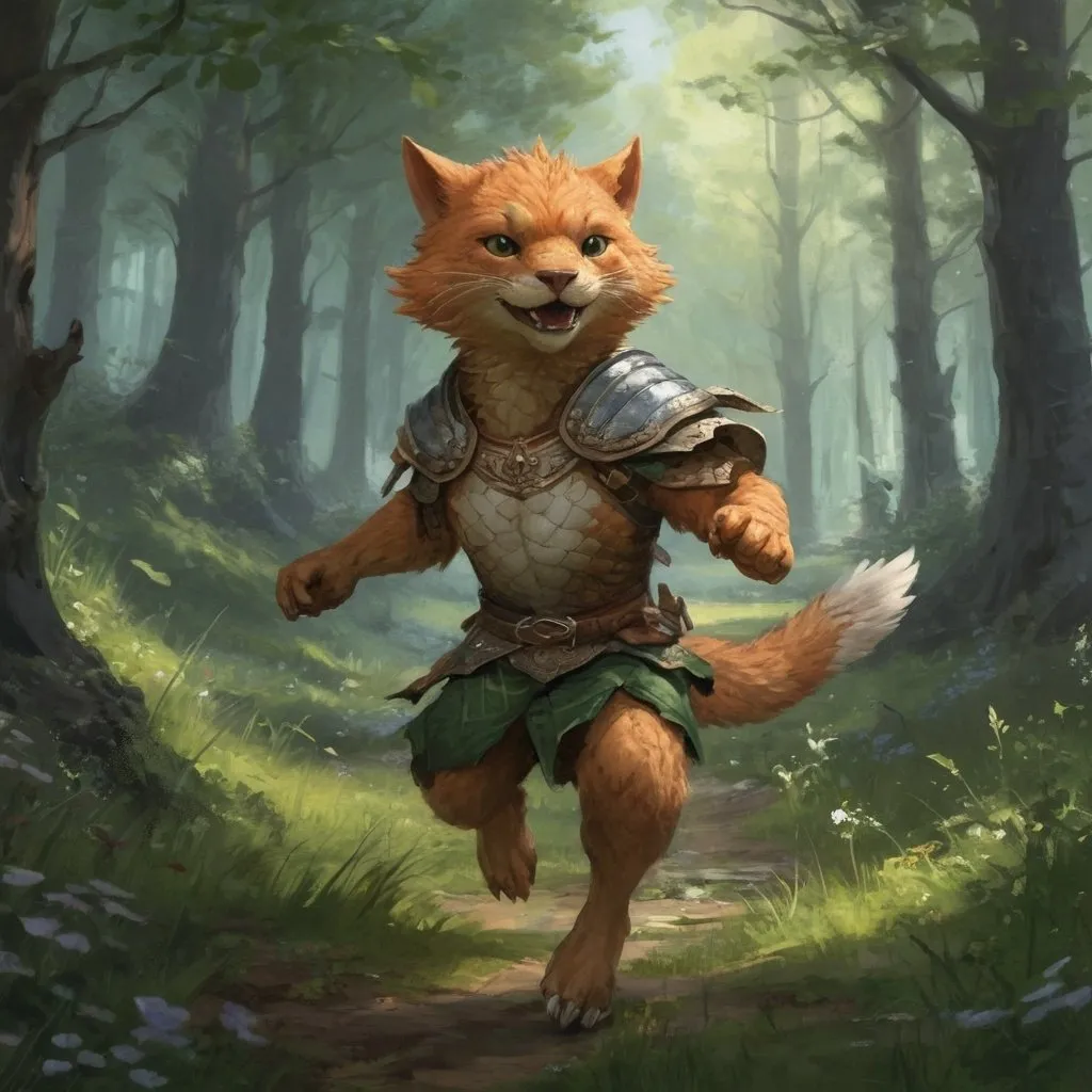 Prompt: dragon character DnD style, pretty face, running in a meadow in a forest, scales, winges, martial arts, little stream, cute, sweet, fierce, fantasy art, magic the gathering artwork, concept art, clawed feet