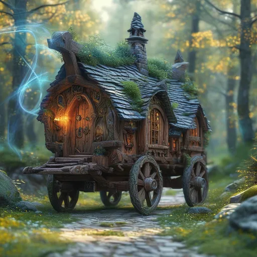 Prompt: (a grand magical wooden transport wagon), medieval fantasy, glowing runes, swirling magical energy, vibrant colors, enchanting atmosphere, stones lining the rustic country road, atmospheric lighting with soft warm tones, detailed craftsmanship of wagon, elaborate carvings, lush greenery surrounding road, ultra-detailed, dynamic energy showcasing active spells, an air of adventure and mystique.