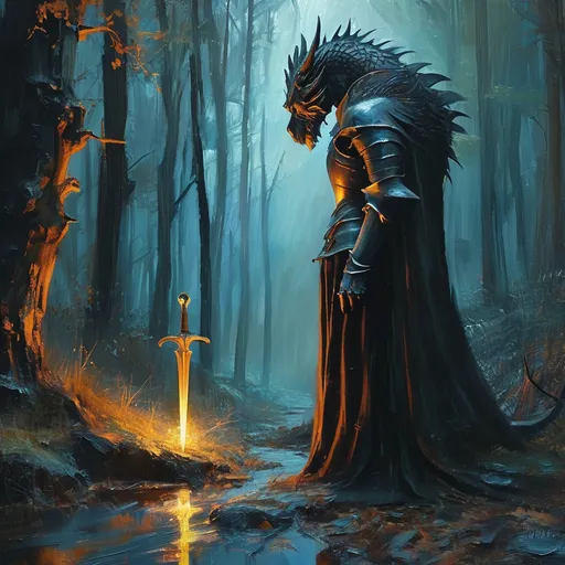 Prompt: oilpainting,  *(small dragon comforting a fallen knight)*, dark woods, eerie atmosphere, (dreadful lighting), (magical broken sword) emitting a soft glow, mystic shadows dancing on the ground, medieval fantasy, magical spells, shadows, enchanting yet haunting scenery, rich details in bark and foliage, (4K), overall vibe of sadness intertwined with a touch of magic, emotionally resonant and dramatic.