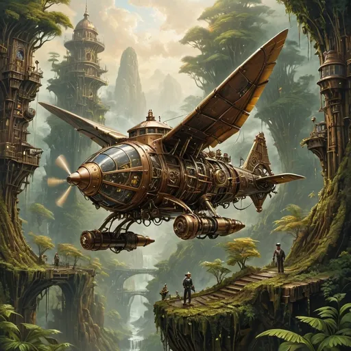 Prompt: (mechanical jachdaw) flying through lush, intricate trees, (steampunk) aesthetics intertwined with (futuristic) elements, rocky landscape dotted with unique vegetation, dynamic movement and energy captured in the scene, brilliant golden and copper hues contrasting with dark earthy tones, (oil painting) style, (ultra-detailed) textures creating an immersive atmosphere, evocative of adventure and exploration, rich contrast and depth.