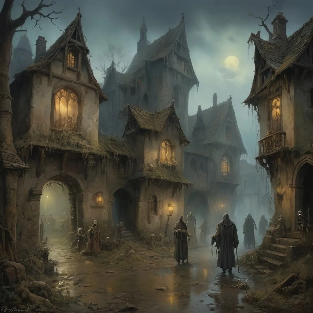 Prompt: Anton Pieck-style overview oil painting of a dark medieval fantasy hold, dark lighting, foggy atmosphere, overgrown ruins, haunting ghosts, ghouls, and skeletons, eerie and dark, detailed brushwork, haunting figures emerging from the mist, village of the damned, old world charm, oil painting, dark tones, medieval, haunting atmosphere, eerie figures, detailed ruins, foggy setting, ghostly presence, atmospheric lighting, large spiders