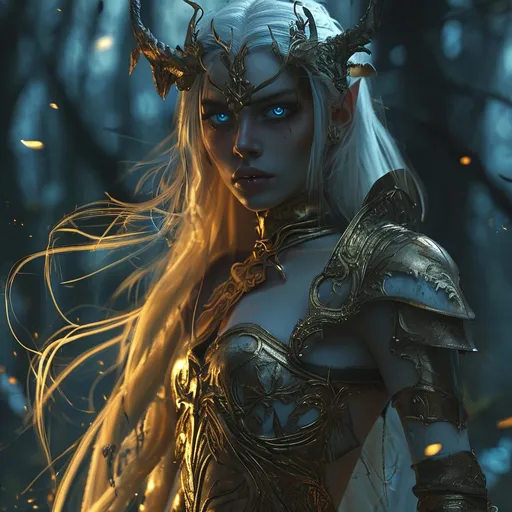 Prompt: Full depiction of a (unaturally beautiful elf woman) Valkyrie character, wearing a (long flowing gown with intricate lace details) and (high heel armored boots), in a dark hunted forest, intense blue deadly eyes, dark shadows enhance her elegance, hopefull ambiance, highly detailed features, (HD) quality, magical atmosphere, flow of  magical golden illumination surrounding her 