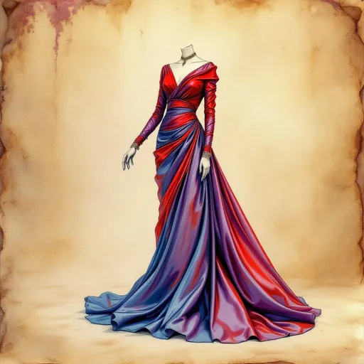 Prompt: realistic drawing of a glossy satin silk indian style weddingdress design, long sleeves, blue red and purple tones in style, intricately detailed drawing, elegant flowing shapes, rustic parchment background, soft texture contrasts, warm highlights, artistic presentation, dynamic angles, fashion illustration elements, high-quality craftsmanship, refined, inspiring, showcasing creativity and design excellence, beautiful composition.