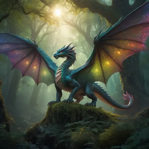 Prompt: dragon like hybrid with vibrant scales, mystical forest backdrop, ethereal glowing eyes, intricate elven armor, majestic wingspan, enchanting atmosphere, high quality, fantasy art, vibrant colors, atmospheric lighting, detailed scales, mystical, magical, elven design, dragon-inspired, forest setting