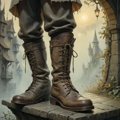 Prompt: (anton pieck-style) oil painting , stand alone, (enchanted soft leather sneaking shoes) hidden in the fog and shadow, stylish medieval fantasy, (enchanted boots), silience, whispers, magical illuminating spell, dark fog, inconspicuous
 magical glow, dark tones,  high-quality 4K resolution, ultra-detailed texture, fantastical elegance.