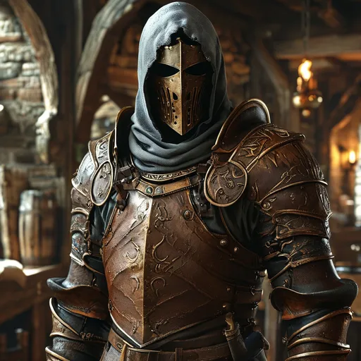 Prompt: highly realistic, (cloaked dark figure), set in a (medieval fantasy tavern), atmospheric (shadowy ambiance), detailed leather armor, rich (wooden furnishings), mysterious (muffled conversations), detailed textures, (highly detailed), (captivating mood), evoking intrigue and suspense, immersive environment, (4K).