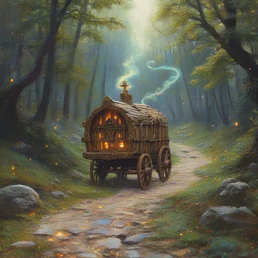 Prompt: (magical wooden transport wagon), medieval fantasy oil painting, glowing runes, swirling magical energy, vibrant colors, enchanting atmosphere, stones lining the rustic country road, atmospheric lighting with soft warm tones, detailed craftsmanship of wagon, elaborate carvings, lush greenery surrounding road, ultra-detailed, dynamic energy showcasing active spells, an air of adventure and mystique.