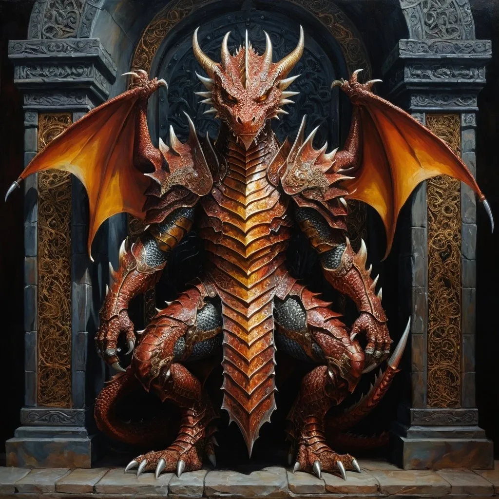 Prompt: Highly detailed full body oil painting of a dragon human hybrid worrior character, guarding the gate, intricate and royal armor,intricate scales and sharp claws, intense and piercing gaze, rich and deep color palette, dramatic lighting, professional, detailed, oil painting, draconian, intricate scales, intense gaze, rich colors, dramatic lighting, high quality