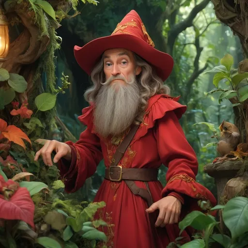 Prompt: (rincewind, Terry Pratchett character), 
 young apprentice wizard, (overgrown) red gown, whimsical setting, lush greenery, vibrant colors, magical ambiance, expressive gesture, comedic posture, detailed fabric texture, enchanted atmosphere, overall fantasy theme, high quality, ultra-detailed, warm lighting, adventure vibes, dynamic composition.