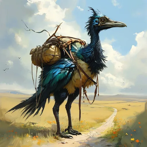 Prompt: (dinosaur-like flightless bird as pack animal), brilliant feathers, Harness, medieval fantasy setting, (watercolor), open plains, transport wagon, ancient cobblestone road, soft colors, serene atmosphere, rustic charm, expansive sky with delicate clouds, hints of wildflowers, intricate details in the bird's plumage, tranquil background blending hues of green and blue, ultra-detailed, enchanting scene.