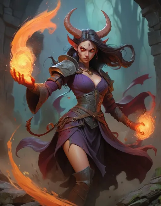 Prompt: Full body,(female DnD character: demon priest), swirling through a battle, epic scene depicting a medieval fantasy confrontation, vibrant colors, dramatic brushstrokes, (dynamic movement), stunning demonic face, horns and a devils tail, immersive background with a crumbling castle, lush forests, and swirling dust, oil painting style evokes a sense of adventure, detailed textures, captures incredible energy, awe-inspiring, ultra-detailed.