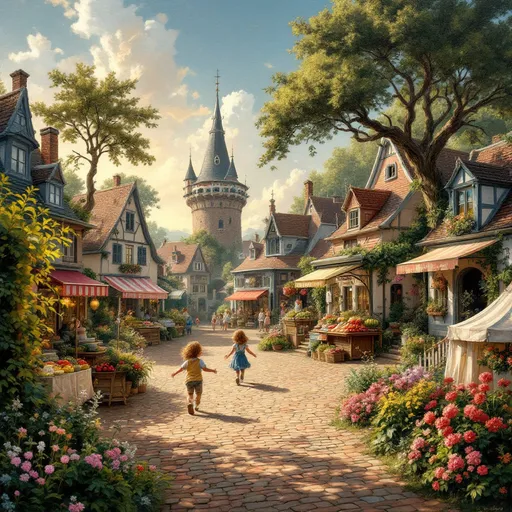 Prompt: Antoon Pieck style painting, charming rural town scene, whimsical architecture, tranquil streets, lush greenery, warm pastel colors, nostalgic ambiance, gentle light illuminating cottages, intricate details in landscaping, children playing, small market stalls, idyllic setting, vintage vibe, high-quality art, enchanting atmosphere, capturing a moment in time, masterful craftsmanship.