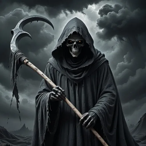 Prompt: hooded and cloaked Ghost in Ragged cloth emerging from roling black clouds, wielding a reaper scythe, death, clawed hands, draped in dark and torn shrouds, floating, dark, digital art, eerie atmosphere, high quality, dark tones, haunting, wise and ancient