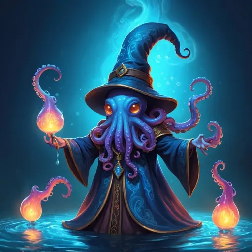 Prompt: Cute magical floating octopus mage, medieval fantasy art style, vibrant color palette, whimsical details, high quality, wizards hat, detailed tentacles, mystical, blue illuminating magical swirls, glowing eyes, enchanting, whimsical, magical, medieval fantasy, vibrant colors, floating, mage, professional, atmospheric lighting, mages robes