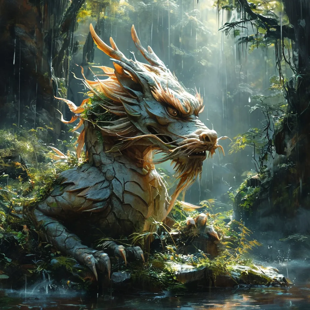 Prompt: (stone western dragon statue), (overgrown with moss and plants), magnificent wings, (ceremonial resting giants), deep rainforest, sunlight streaming through ancient trees, ethereal atmosphere, mystical ambiance, rich greens and browns, soft golden light, serene background, oil painting masterpiece, capturing the awakening of the gods, high detail, enchanting scene, tranquil yet powerful mood, ultra-detailed composition.