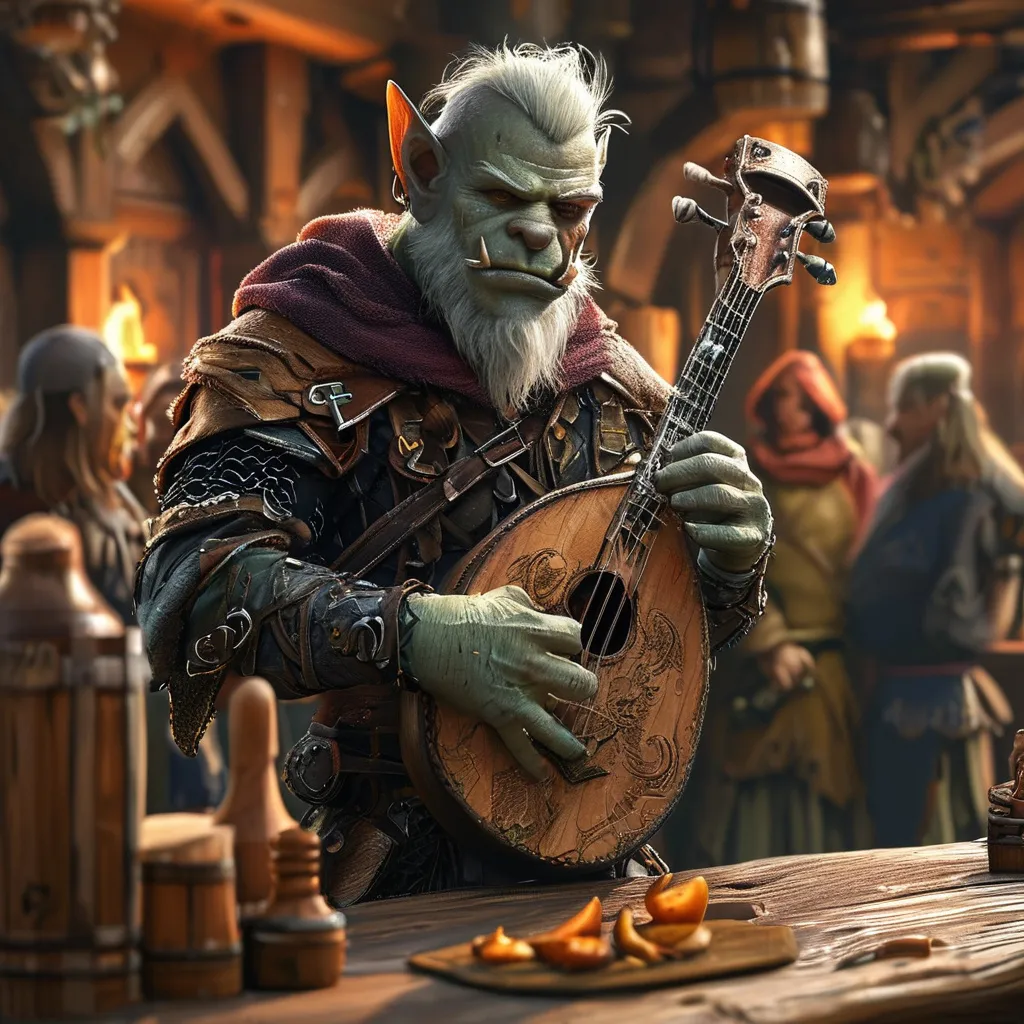 Prompt: Full body young male orc bard DnD character, (handsome) and (slender build), playing songs in a tavern, medieval fantasy setting, detailed tavern interior with wooden furniture and dim lighting, patrons watching in awe, warm tones, lively and captivating atmosphere, intricate clothing and musical instrument, background filled with various tavern objects and decorations, ultra-detailed, 4K.