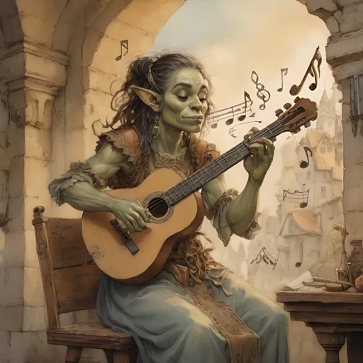 Prompt: DnD female orc bard playing instrument, magical musical notes streaming in the air, Anton Pieck style painting, vintage warm tones, intricate details, whimsical fantasy, medieval, high quality, oil painting, good hair, charming, enchanting, intricate details, cozy lighting