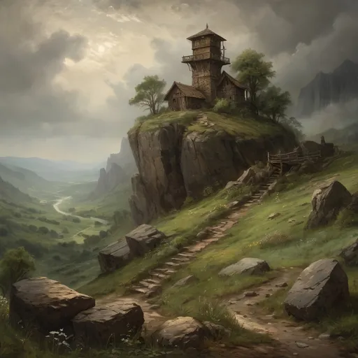 Prompt: (An oil painting of a rocky landscape with a hunting cabin and a lookout tower) in medieval fantasy style, john constable, dramatic lighting, lush green hills, earthy brown tones, detailed textures, enchanting atmosphere, foggy valleys, ancient stone structures, wildflowers, rustic charm, overcast sky, ultra-detailed, high resolution, masterpiece quality, deep shadows যে rich contrast, realistic proportions, intricate details, nature's grandeur