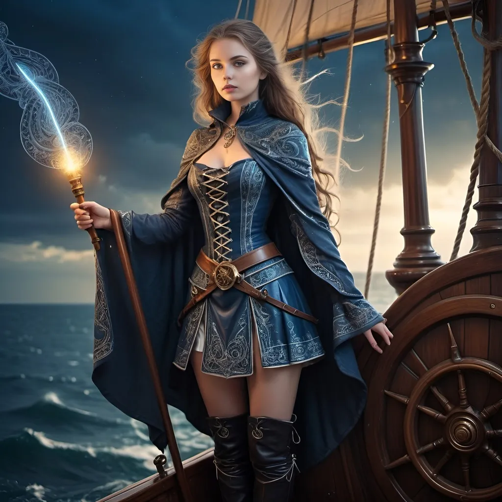 Prompt: Full body, wizard girl, short leather skirt, business top, intricate mantle, knee high boots, illuminating wand, on old time sailing ship , looking out to sea, medieval fantasy, magical swirls, high quality, detailed, medieval fantasy, illuminating blue magical flashes, intricate patterns, atmospheric lighting, gorgeous face, 