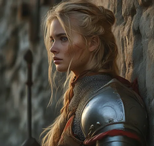 Prompt: (Beautiful side view portrait of a gorgeous female soldier), blood and goar, muddy, leaning at the city gates, battle worn, medieval Fantasy, petit figure, sad eyes, Straight stunning blond hair (flowing over shoulders), elegant worn armor , post fight sadness, soft natural lighting, harmonious colors, dreary setting, ultra-detailed, feminine grace, cinematic depth, high quality, (photorealistic).