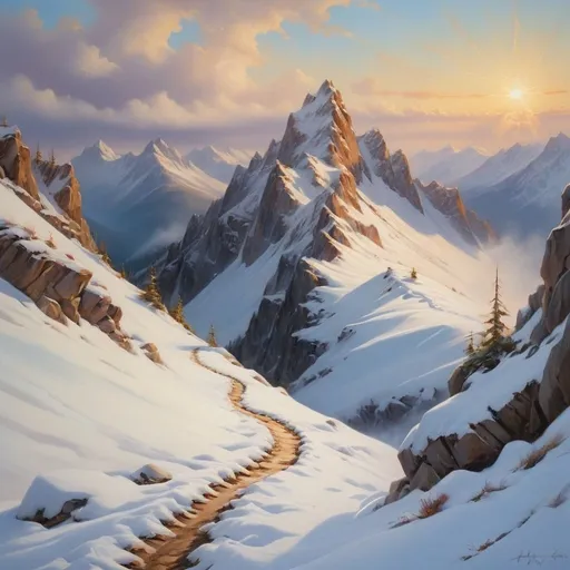 Prompt: winding snowfilled mountain track next to a steep edge leading up to the distand high peaks, oil painting painting, animal tracks, deep snow, low sun shining, drifting clouds, high quality,  snowy, mountains, sunlit, serene, peaceful, scenic, soft colors, artistic, drifting clouds, winter scene, snow, ice,