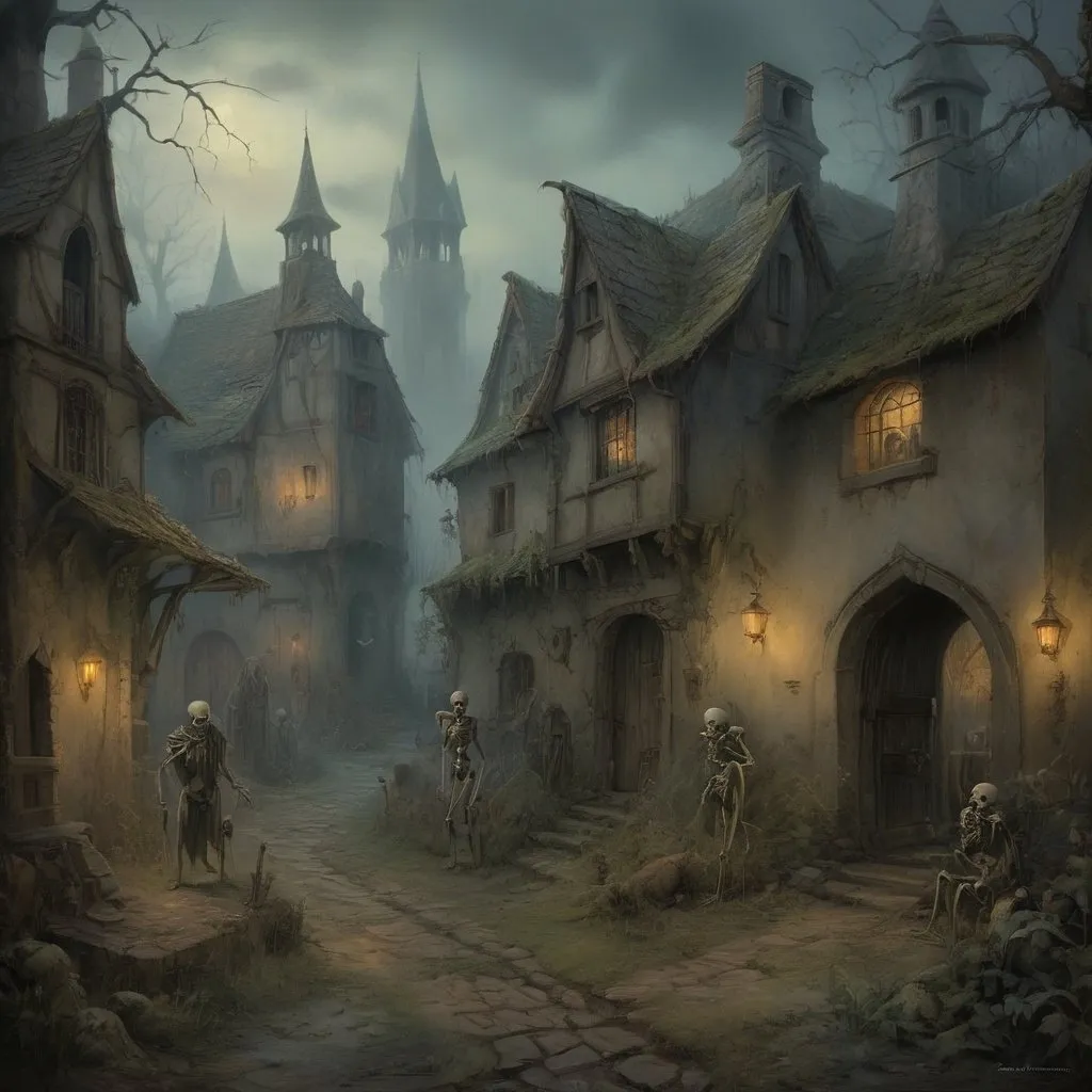 Prompt: Anton Pieck-style overview oil painting of a dark medieval fantasy village, dark lighting, foggy atmosphere, overgrown ruins, haunting ghosts, ghouls, and skeletons, eerie and dark, detailed brushwork, haunting figures emerging from the mist, village of the damned, old world charm, oil painting, dark tones, medieval, haunting atmosphere, eerie figures, detailed ruins, foggy setting, ghostly presence, atmospheric lighting, large spiders