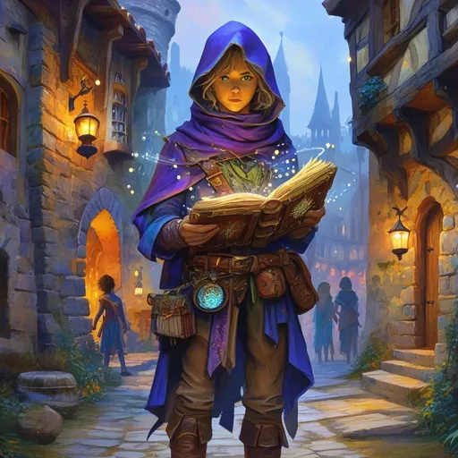 Prompt: (watercolor DnD Thiefling wizard's apprentice), spellbook, (spell illumination in the air), medieval fantasy, (small village setting), enchanting atmosphere, detailed expressions, vibrant and mystical colors, traditional attire, ancient spell symbols, light surrounding the spells, detailed stone and wood houses, lantern-lit pathways, magical aura, some bystanders watching in awe, ultra-detailed, high quality, masterpiece, vivid and ethereal lights