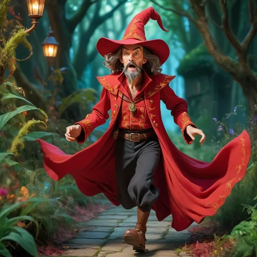 Prompt: full body (rincewind, Terry Pratchett character),  young apprentice wizard, short goaty dark beard, frighted face, running for his life, (overgrown) red gown, whimsical setting, vibrant colors, magical ambiance, expressive gesture, comedic posture, detailed fabric texture, enchanted atmosphere, overall fantasy theme, high quality, ultra-detailed, warm lighting, adventure vibes, dynamic composition.