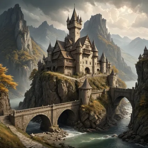 Prompt: photo realistic imposing medieval fantasy castle in the rugged high mountain valley anton pieck style, detailed architecture, bridge with gatehouse, high quality, epic scene, docks, spires and towers, dramatic lighting, intricate details, mountain lake, storm brewing, atmospheric, sunlit ocean, sun rays, golden clouds, village at the waters edge,