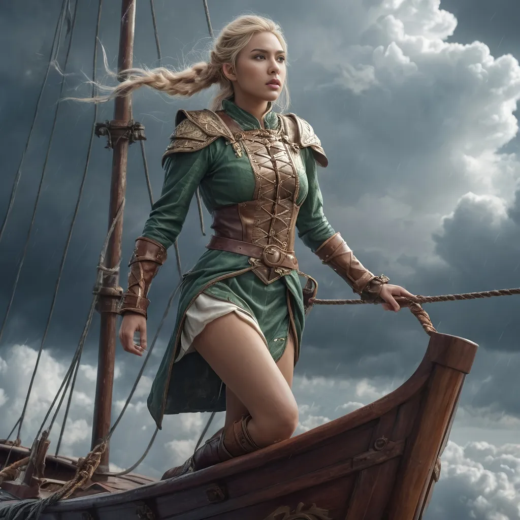 Prompt: (full body blond asian female elf adventurer on a flying ship in the clouds), medieval fantasy, high up in the sky, sleek ship, phloughing through the clouds, intense expression, storm and wind,  rough admosphere, pretty face, beautiful curves, fantasy setting, detailed background with fluffy storm clouds, lightning, dynamic and energetic pose, ultra-detailed, 4K, high quality, cinematic colors