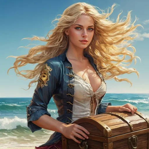 Prompt: Detailed full body summer blonde pirate babe, flowing hair, beautiful face, ocean waves in the background, high quality, treasure chest, digital painting, vibrant colors, sunny beach setting, fierce look, detailed eyes, flowing fabric, beach, waves, summer, pirate, vibrant colors, detailed hair, professional, sunny lighting