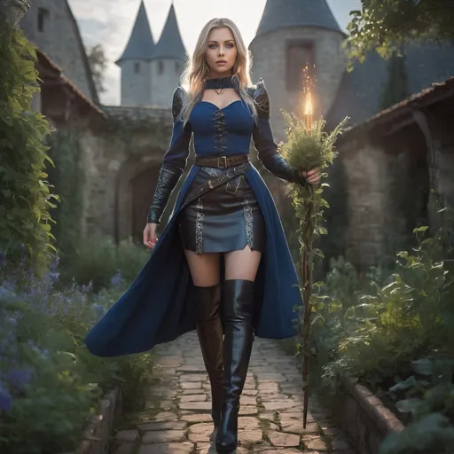 Prompt: photo realistic, Full body, wizard girl, leather skirt, fierce eyes, walking through a herb garden, business top, intricate mantle, knee high boots, illuminating wand, mages tower, medieval fantasy, magical signs, high quality, detailed, medieval fantasy, illuminating blue magical streams, intricate patterns, atmospheric lighting, gorgeous face,