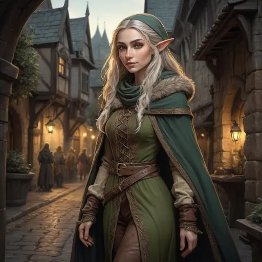 Prompt: Anton Pieck style illustration of an extraordinary beautiful female elf character DnD style, on the streets in the shadows, cloaked, romantic lighting, detailed fur face and rogue outfit, highres, ,medieval fantasy detailed, romantic, enchanting, magical, traditional illustration, warm tones, atmospheric lighting