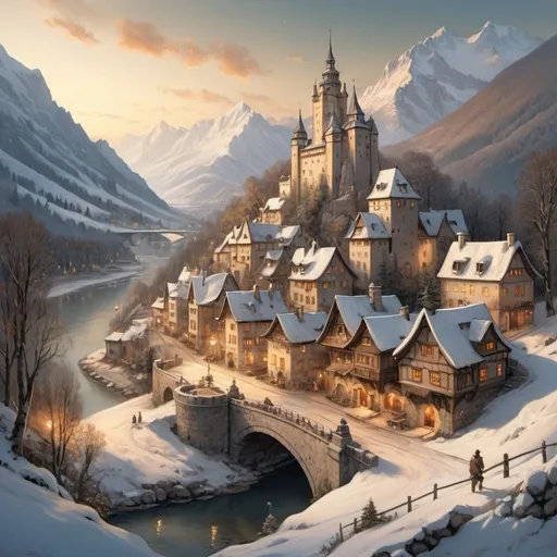 Prompt: Top-down Anton Pieck style illustration of a cozy village, grand castle overlooking, meandering river, epic snow-capped mountains in the distance, heartening atmosphere, soft tones, nightfall, golden hour, forest, detailed buildings, charming streets, idyllic setting, warm lighting, vintage, comforting, nostalgic, cozy village, grand castle, meandering river, epic snow-capped mountains, heartening, soft tones, nightfall, golden hour, forest, antique, heartwarming lighting