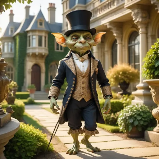 Prompt: (aristocratic goblin), dressed in luxurious (Victorian attire), elegantly strolling through lush, vibrant gardens of an opulent mansion, medieval fantasy, detailed foliage and ornate sculptures in the background, soft golden sunlight casting a warm glow, creating a charming and refined atmosphere, showcasing fine craftsmanship in clothing, high quality, (ultra-detailed), enchanting ambiance.