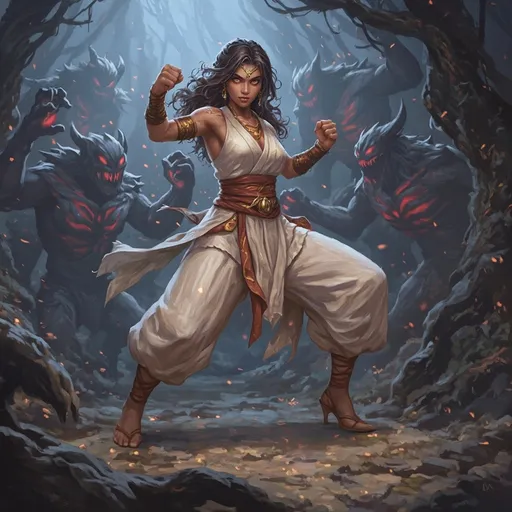 Prompt: Digital art of a gorgeous woman, Adivasi-inspired character, monk style fighting scène, fierce stance (fighting against dungeon monsters), deep dark brown glowing eyes, medieval fantasy setting, vibrant colors, dramatic lighting, intricately detailed high heels, flowing light summer dress, enchanting atmosphere, imaginative creatures looming in shadows, lush background elements, high quality, ultra-detailed, captivating scene capturing bravery and beauty.