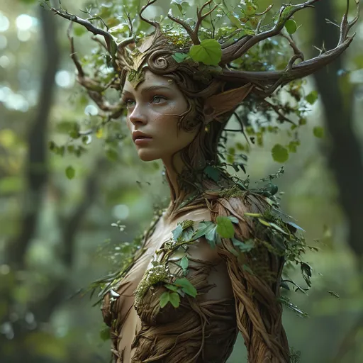 Prompt: full body, (breathtaking concept of dryads), emerging from an enchanted forest, (bark-like skin), intricate detailing of branches and leaves covering their forms, (medieval fantasy), moody and mystical ambiance, dappled sunlight filtering through the foliage, (4K), ultra-detailed texture, capturing the ethereal beauty and ancient wisdom of nature, deep greens and browns blending harmoniously in the scene.