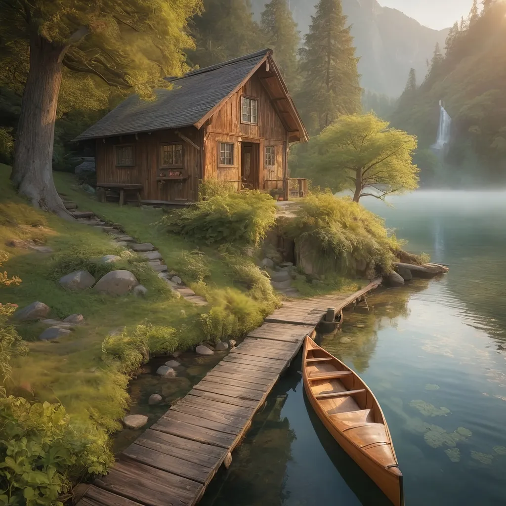 Prompt: aerial view, (charming rustic boathouse at tranquil mountain lake), small mountain path leading to front door, fairytale-like surroundings, serene atmosphere, wooden canoe at the shore, misty water, waterfall in background, enveloped in lush nature, calming golden morning light, sun's rays piercing through, ultra-detailed, picturesque landscape, whispering tranquility, enchanting beauty of nature, reflecting calmness and peace.