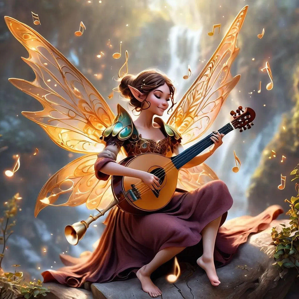 Prompt: realistic style, DnD pixie bard playing instrument, magical musical notes streaming in the air, warm tones, enchanting wide spread wings, intricate details, fantasy, medieval, high quality, digital art, charming, enchanting, intricate details, epic scene
