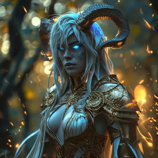 Prompt: Full depiction of a (unaturally beautiful tiefling) Valkyrie character, wearing a (long flowing gown with intricate lace details) and (high heel armored boots), in a dark hunted forest, intense blue healing eyes, dark shadows enhance her elegance, hopefull ambiance, highly detailed features, (HD) quality, magical atmosphere, flow of  magical golden illumination surrounding her 