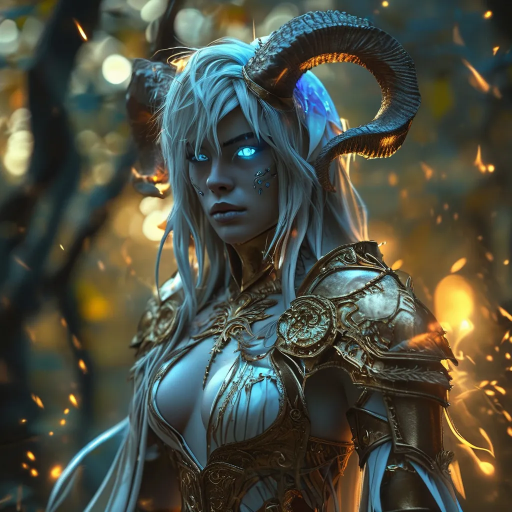 Prompt: Full depiction of a (unaturally beautiful tiefling) Valkyrie character, wearing a (long flowing gown with intricate lace details) and (high heel armored boots), in a dark hunted forest, intense blue healing eyes, dark shadows enhance her elegance, hopefull ambiance, highly detailed features, (HD) quality, magical atmosphere, flow of  magical golden illumination surrounding her 