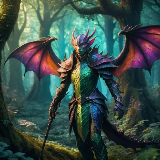 Prompt: fantasy draconian  race with vibrant scales, dnD character, mystical forest backdrop, intricate elven armor,  enchanting atmosphere, high quality, fantasy art, vibrant colors, atmospheric lighting, detailed scales, mystical, magical, elven design, forest setting