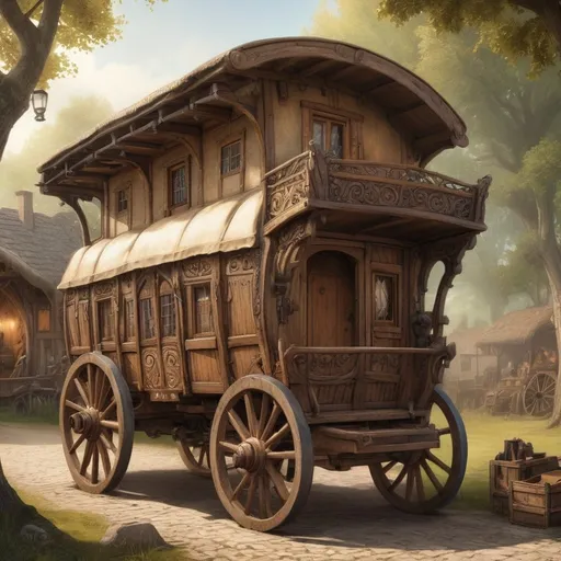 Prompt: Old-time medieval fantasy-style of a large closed gypsy-wagon, Anton pieck-style, at a campsite at the edge of town,wooden beams, intricate woodwork and metal accents, horse-drawn, big spoke weels,  warm and inviting lighting, high quality, fantasy art, antique color tones, whimsical, detailed craftsmanship, mystical aura, enchanting ambiance