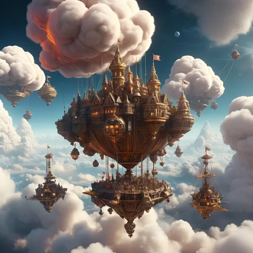 Prompt: (skydock high in the clouds with small flying ships around it), imperialistic fantasy, soft glowing lights, space-inspired elements, ultra-detailed, intricate designs, majestic, sense of wonder and adventure,  floating clouds, fantasy environment, high resolution, 4K, vibrant colors, cinematic masterpiece, captivating and awe-inspiring atmosphere.