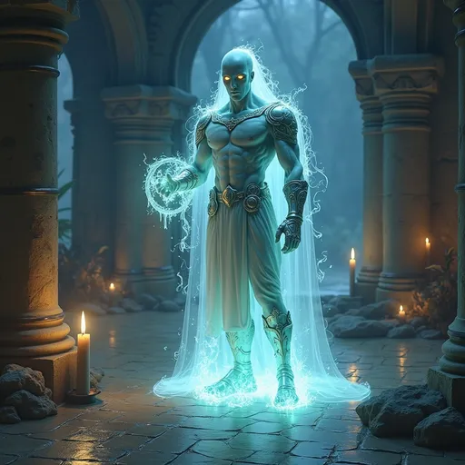 Prompt: (illuminous soldier spirit), guarding a temple, ghostly appearance, medieval fantasy setting, DND adventure, soft mystical lighting, serene glossy tiles reflecting luminous patterns, sacred ambiance, ornate grave nearby, tranquil atmosphere, enchanting details, enchanting visuals, luminous surroundings, ultra-detailed, high quality, captivating art style, otherworldly presence, symbols of protection and spirituality.