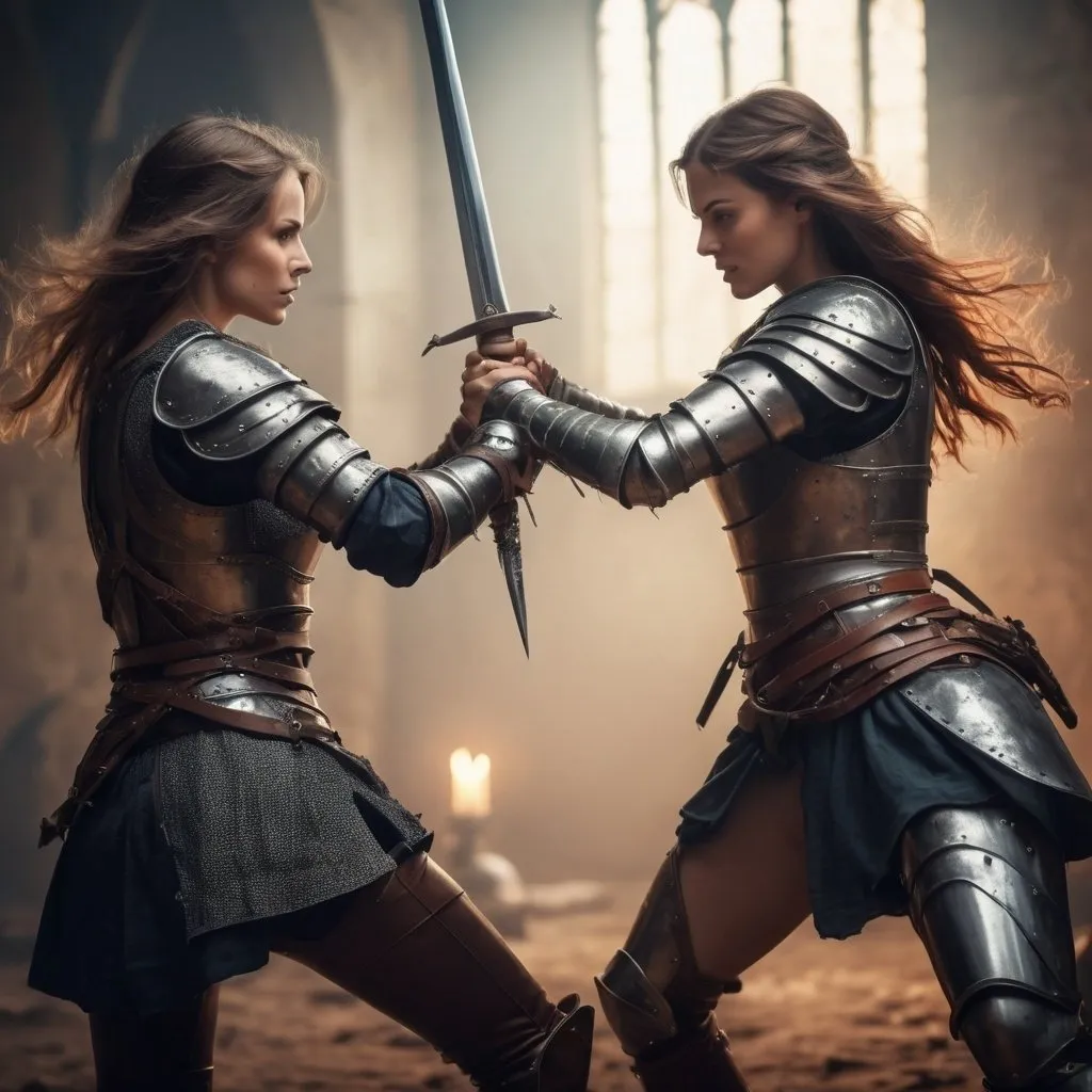 Prompt: Realistic medieval fantasy illustration of two beautiful women engaged in a swordfight, highres, detailed victorian armor and weaponry,  dynamic posing, medieval, realistic, detailed, female warriors, intense battle, medieval fantasy, high-quality, combat scene, action-packed, fierce, professional, atmospheric lighting